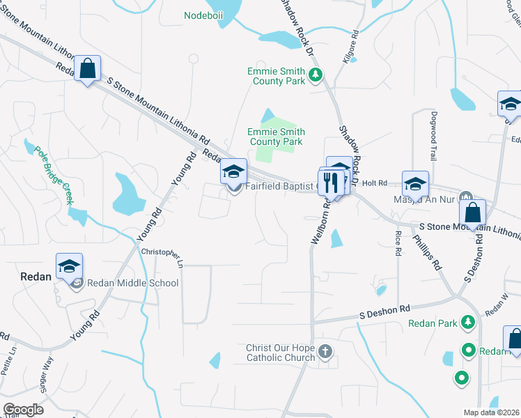 map of restaurants, bars, coffee shops, grocery stores, and more near 1492 Duren Farms Drive in Lithonia