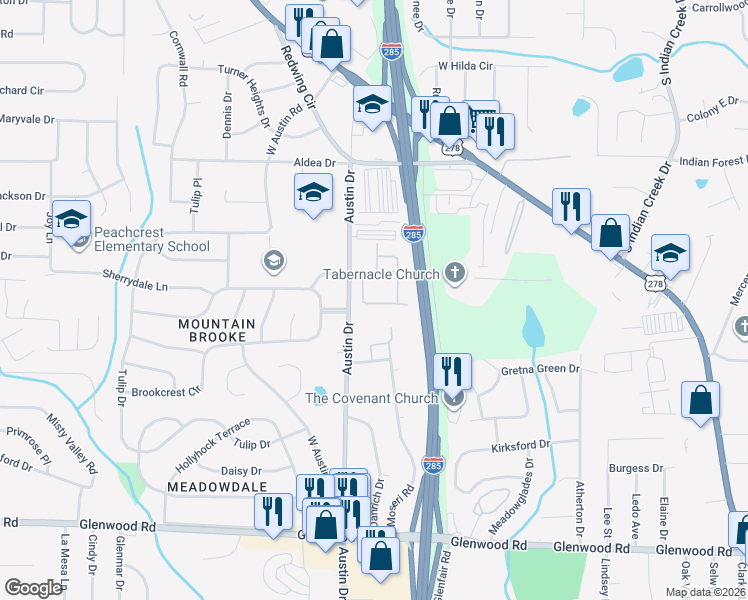 map of restaurants, bars, coffee shops, grocery stores, and more near 3976 Fireoak Drive in Decatur
