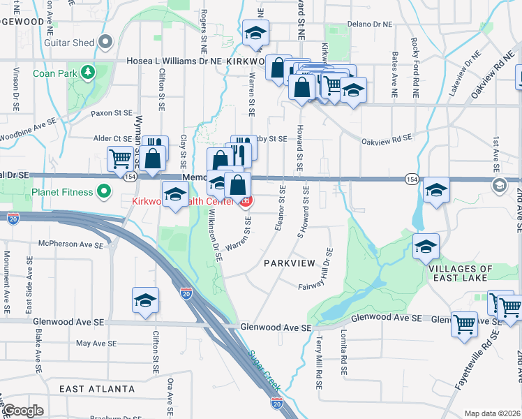 map of restaurants, bars, coffee shops, grocery stores, and more near 1570 Lincoln Avenue Southeast in Atlanta