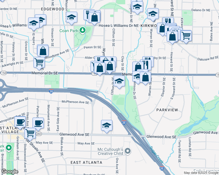 map of restaurants, bars, coffee shops, grocery stores, and more near 295 Clifton Street Southeast in Atlanta
