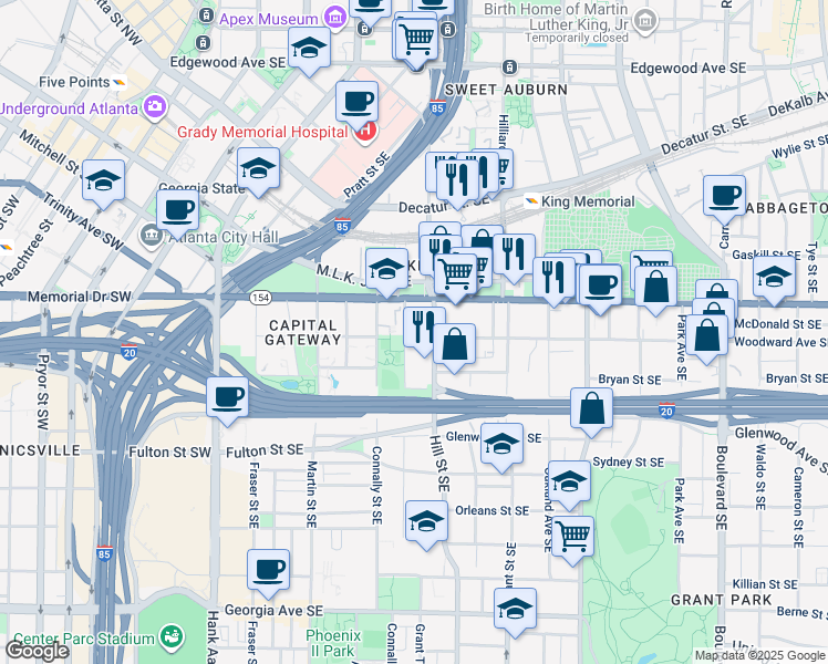 map of restaurants, bars, coffee shops, grocery stores, and more near 230 Woodward Avenue Southeast in Atlanta