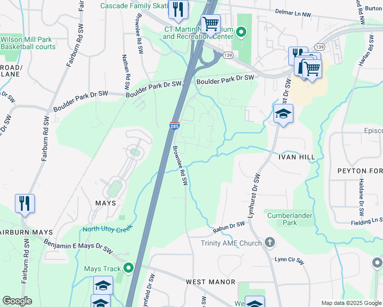 map of restaurants, bars, coffee shops, grocery stores, and more near 400 Brownlee Road Southwest in Atlanta