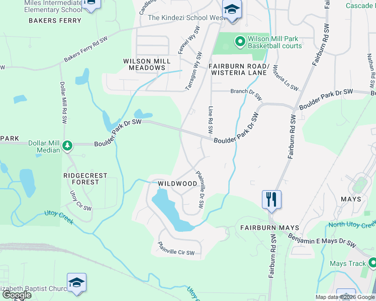 map of restaurants, bars, coffee shops, grocery stores, and more near 572 Wilson Mill Road Southwest in Atlanta
