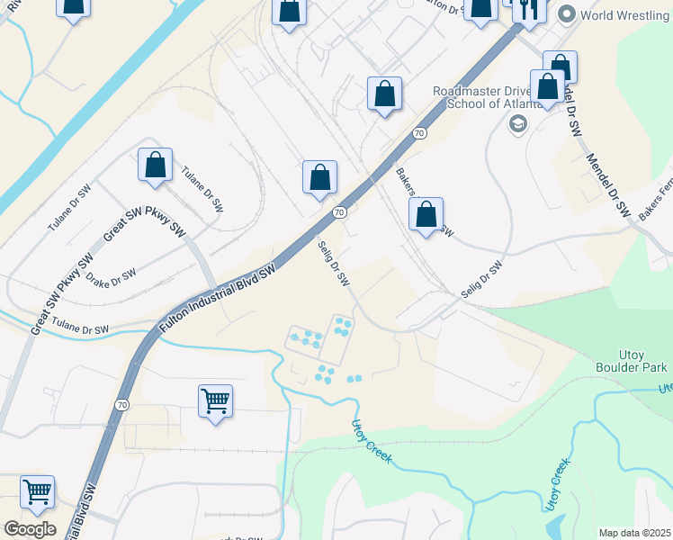 map of restaurants, bars, coffee shops, grocery stores, and more near 850 Selig Drive Southwest in Atlanta