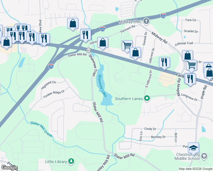 map of restaurants, bars, coffee shops, grocery stores, and more near 2226 Pine Drive in Douglasville