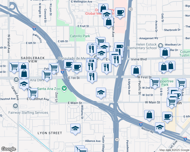 map of restaurants, bars, coffee shops, grocery stores, and more near 2111 East First Street in Santa Ana