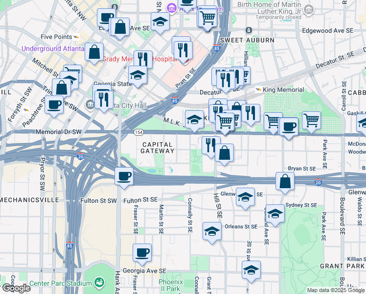 map of restaurants, bars, coffee shops, grocery stores, and more near 174 Woodward Avenue Southeast in Atlanta