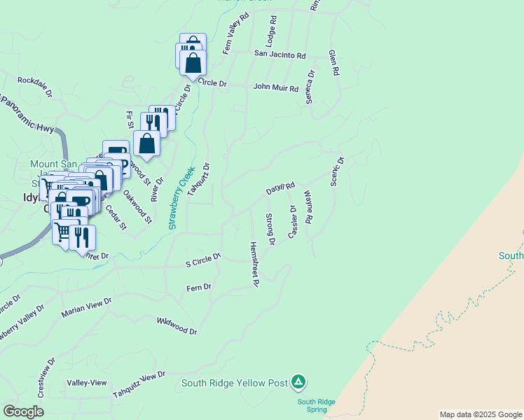 map of restaurants, bars, coffee shops, grocery stores, and more near 55220 Strong Drive in Idyllwild-Pine Cove
