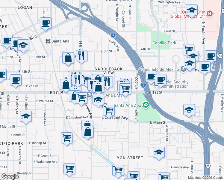 map of restaurants, bars, coffee shops, grocery stores, and more near 1533 East 1st Street in Santa Ana
