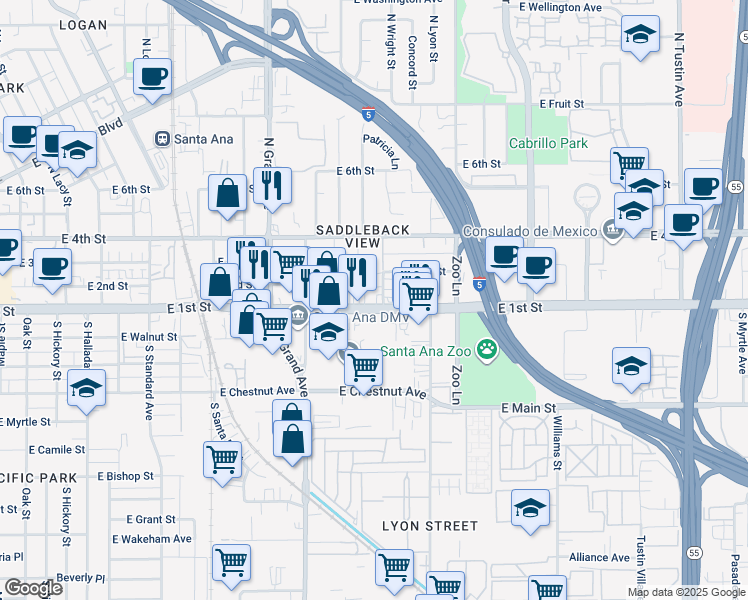 map of restaurants, bars, coffee shops, grocery stores, and more near 1533 East 1st Street in Santa Ana