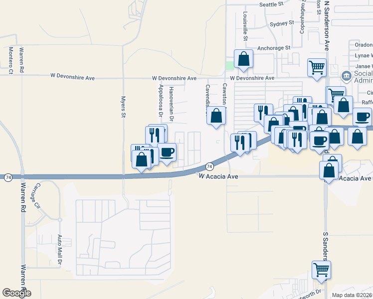 map of restaurants, bars, coffee shops, grocery stores, and more near 4400 West Florida Avenue in Hemet