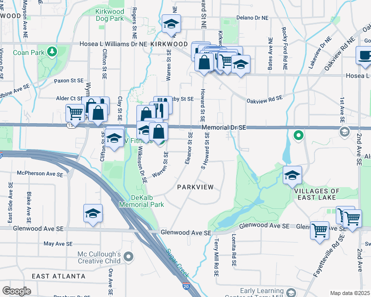 map of restaurants, bars, coffee shops, grocery stores, and more near 1594 Lincoln Avenue Southeast in Atlanta
