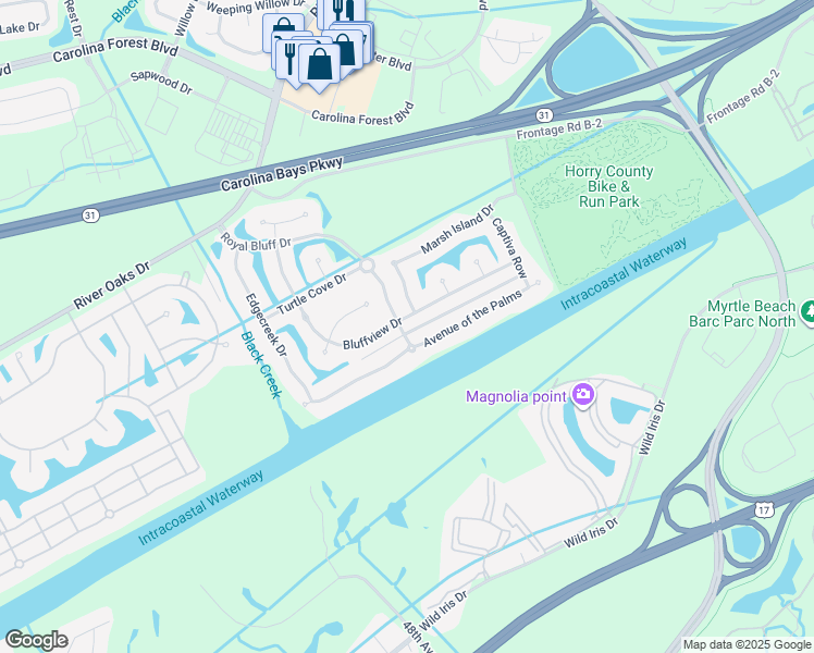 map of restaurants, bars, coffee shops, grocery stores, and more near 134 Avenue of the Palms in Longs