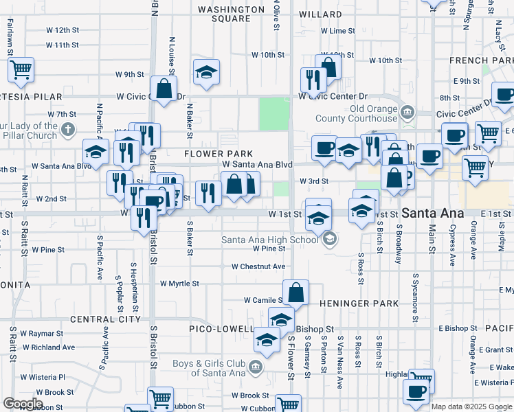 map of restaurants, bars, coffee shops, grocery stores, and more near 1028 West 2nd Street in Santa Ana