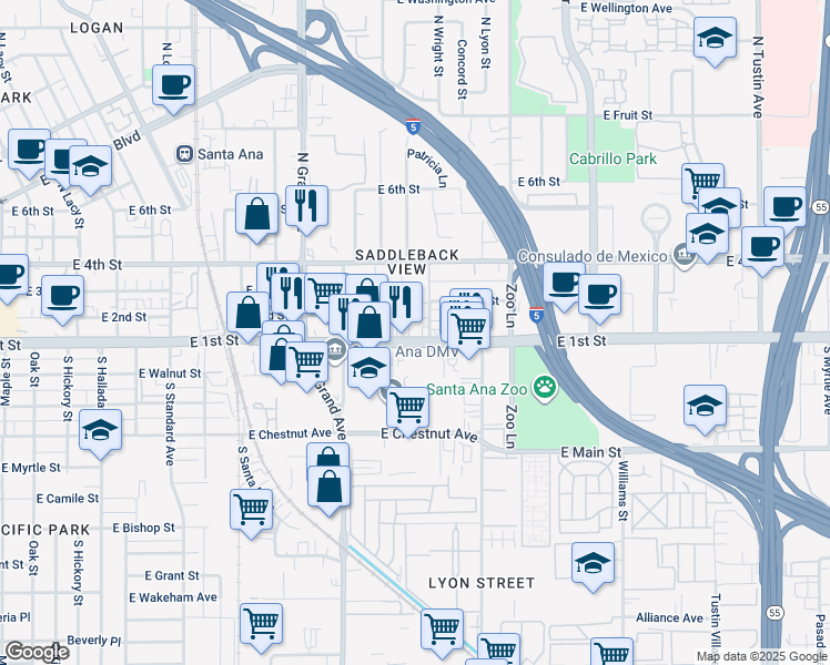 map of restaurants, bars, coffee shops, grocery stores, and more near 1529 East 1st Street in Santa Ana