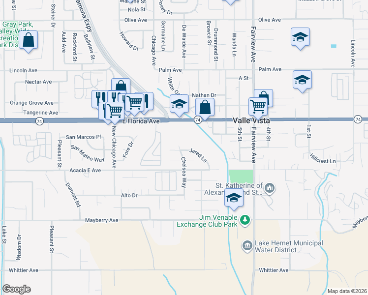 map of restaurants, bars, coffee shops, grocery stores, and more near 43638 Jared Lane in Hemet