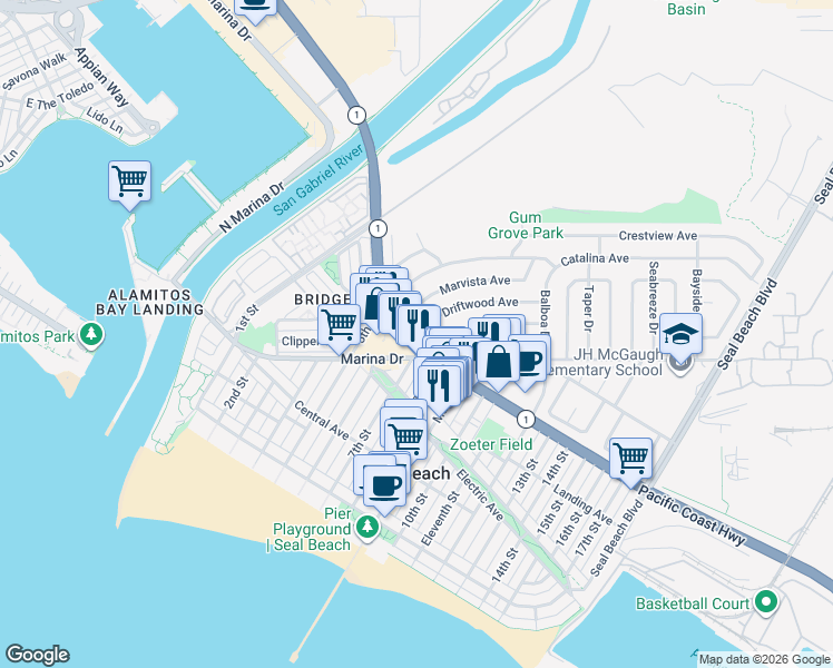 map of restaurants, bars, coffee shops, grocery stores, and more near 620 Coastline Drive in Seal Beach