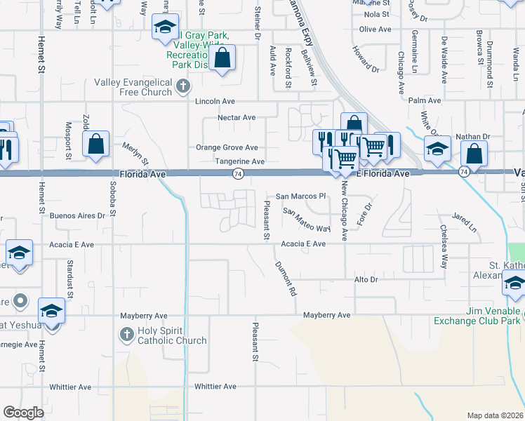 map of restaurants, bars, coffee shops, grocery stores, and more near 25875 Pleasant Street in Hemet