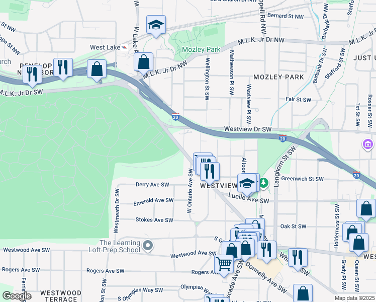 map of restaurants, bars, coffee shops, grocery stores, and more near 1591 Ralph David Abernathy Boulevard in Atlanta
