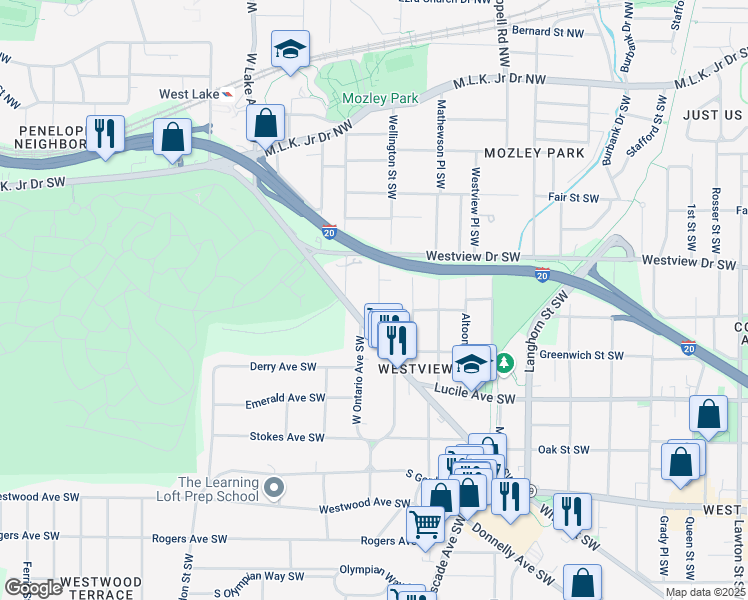 map of restaurants, bars, coffee shops, grocery stores, and more near 345 Wellington Street Southwest in Atlanta