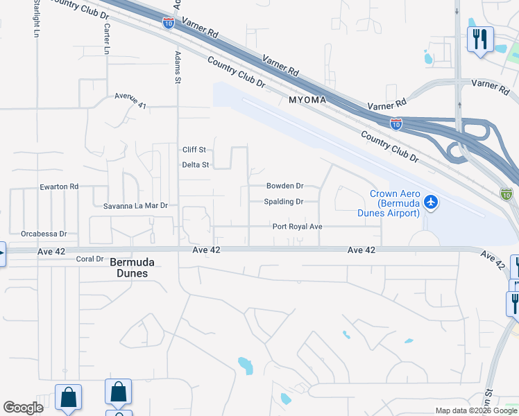 map of restaurants, bars, coffee shops, grocery stores, and more near 79271 Spalding Drive in Bermuda Dunes