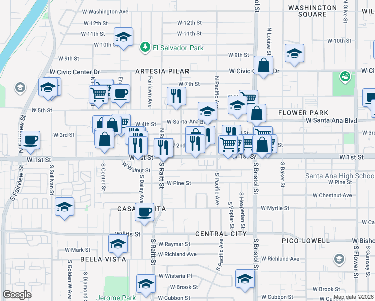 map of restaurants, bars, coffee shops, grocery stores, and more near 1624 West 2nd Street in Santa Ana