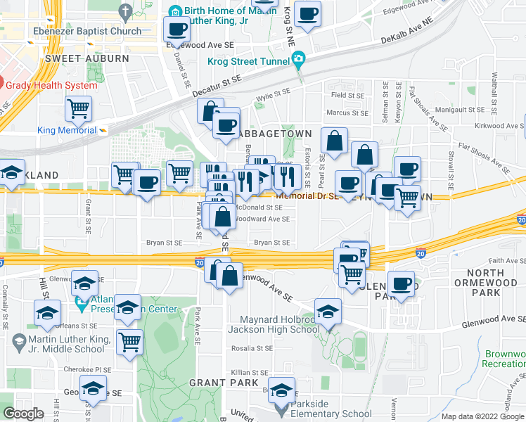 map of restaurants, bars, coffee shops, grocery stores, and more near 655 McDonald Street Southeast in Atlanta