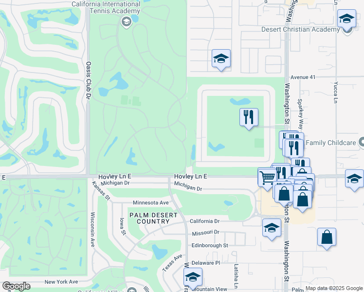 map of restaurants, bars, coffee shops, grocery stores, and more near 41773 Preston Trail in Palm Desert