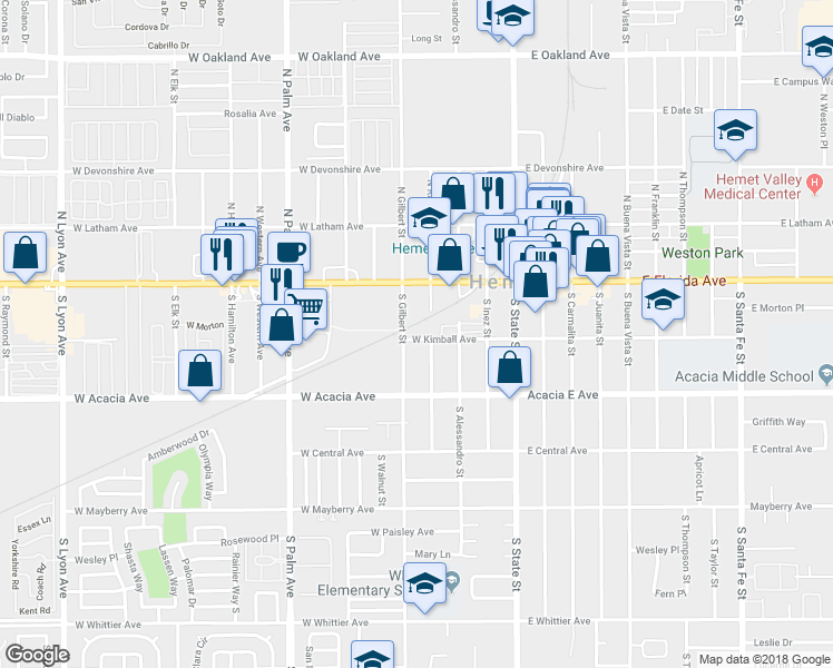 map of restaurants, bars, coffee shops, grocery stores, and more near 470 West Kimball Avenue in Hemet