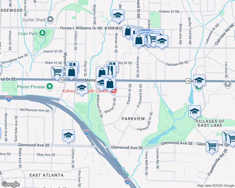 map of restaurants, bars, coffee shops, grocery stores, and more near 1577 Lincoln Avenue Southeast in Atlanta