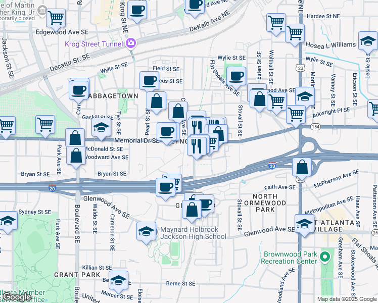 map of restaurants, bars, coffee shops, grocery stores, and more near 881 Memorial Drive Southeast in Atlanta
