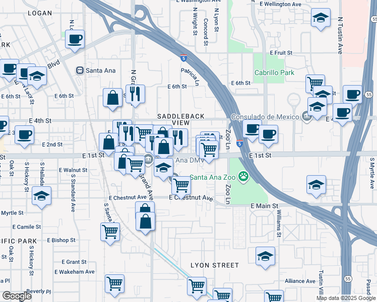 map of restaurants, bars, coffee shops, grocery stores, and more near 1535 East 1st Street in Santa Ana