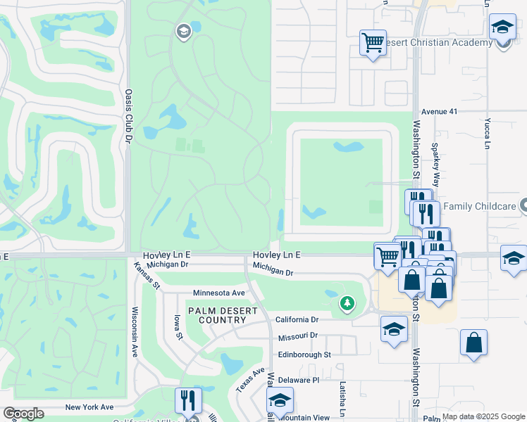 map of restaurants, bars, coffee shops, grocery stores, and more near 41773 Preston Trail in Palm Desert