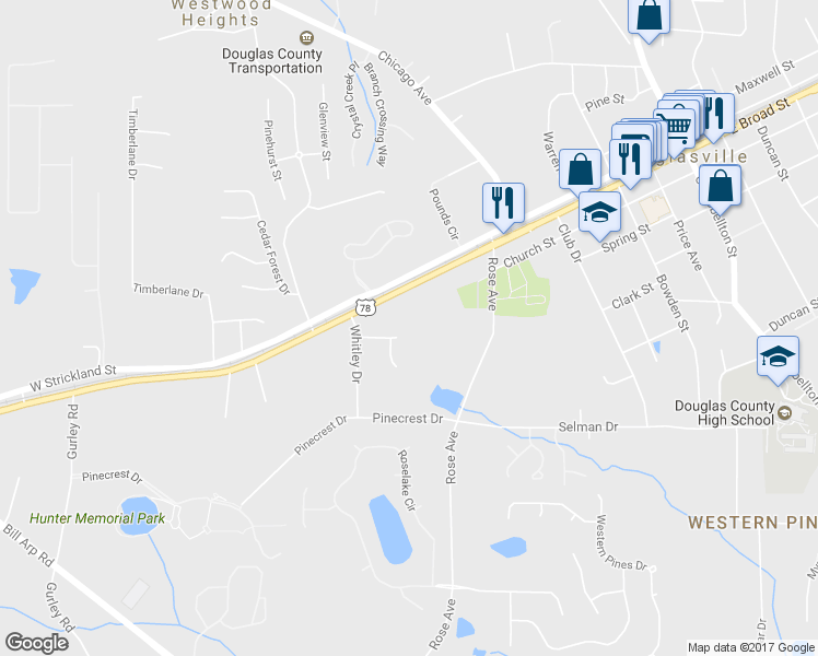 map of restaurants, bars, coffee shops, grocery stores, and more near 7019 Morningside Court in Douglasville