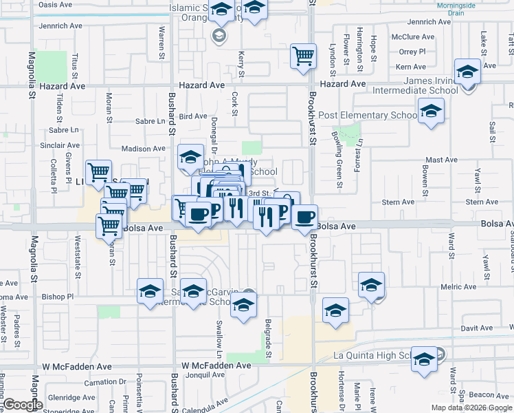 map of restaurants, bars, coffee shops, grocery stores, and more near 9851 Bolsa Avenue in Westminster