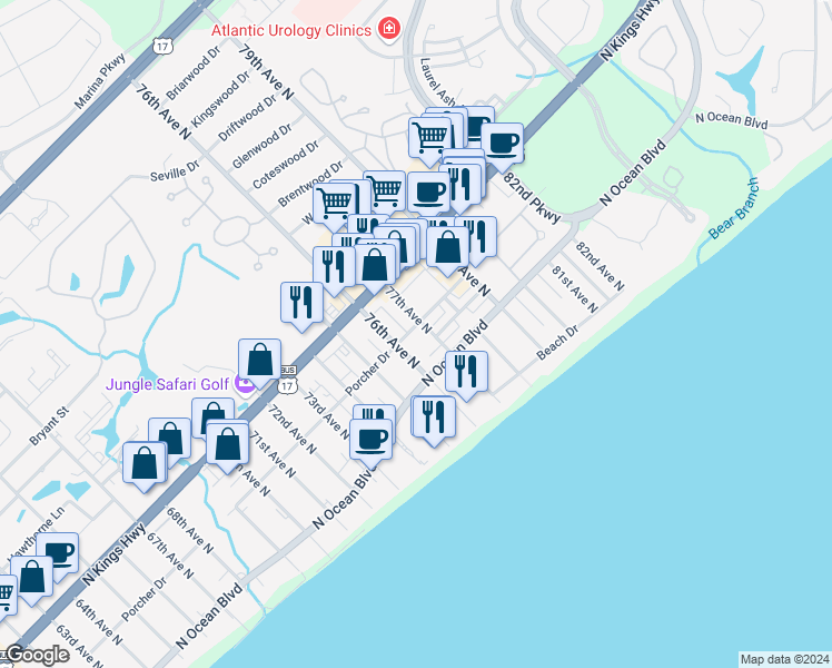 map of restaurants, bars, coffee shops, grocery stores, and more near 307 77th Avenue North in Myrtle Beach