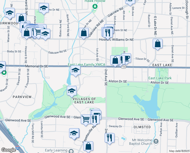 map of restaurants, bars, coffee shops, grocery stores, and more near Campus Drive in Atlanta