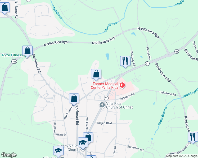 map of restaurants, bars, coffee shops, grocery stores, and more near 628 Old Town Road in Villa Rica