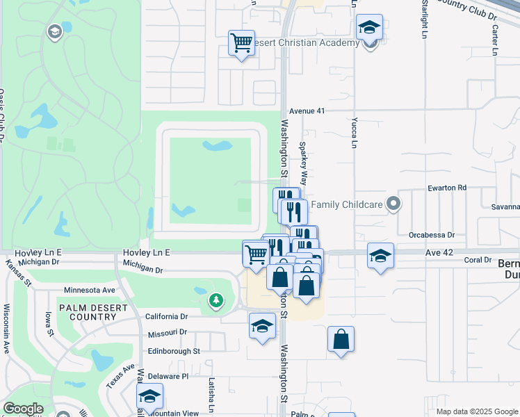 map of restaurants, bars, coffee shops, grocery stores, and more near 41551 Woodhaven Drive East in Palm Desert