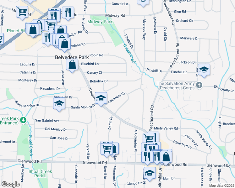 map of restaurants, bars, coffee shops, grocery stores, and more near 1554 Columbia Circle in Decatur