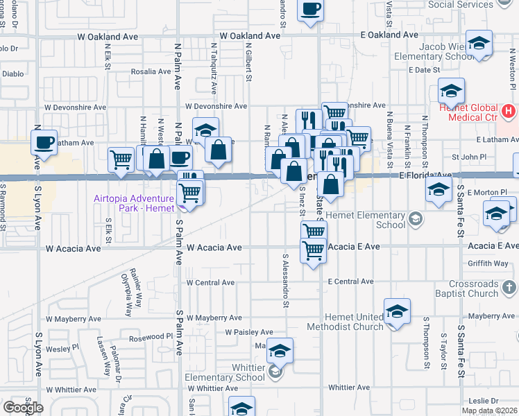 map of restaurants, bars, coffee shops, grocery stores, and more near 470 West Kimball Avenue in Hemet