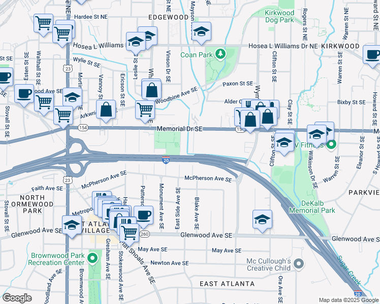 map of restaurants, bars, coffee shops, grocery stores, and more near 281 Lamon Avenue Southeast in Atlanta