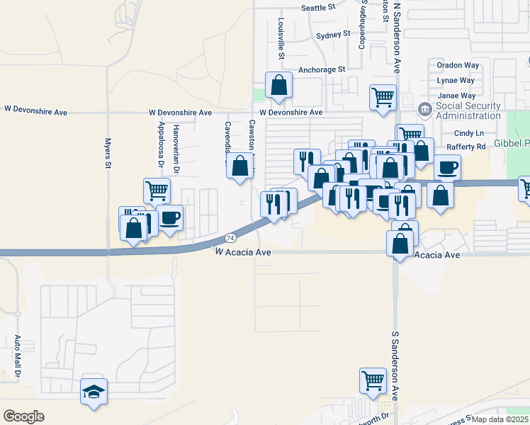 map of restaurants, bars, coffee shops, grocery stores, and more near 4000 West Florida Avenue in Hemet