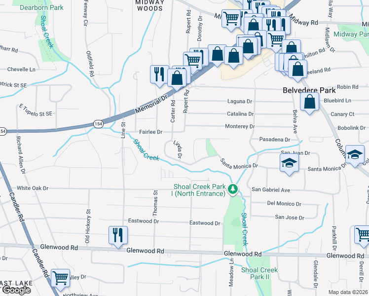 map of restaurants, bars, coffee shops, grocery stores, and more near 1608 Linda Drive in Decatur