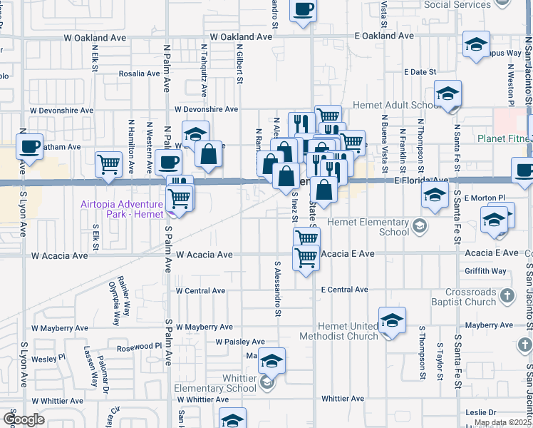 map of restaurants, bars, coffee shops, grocery stores, and more near 321 West Kimball Avenue in Hemet