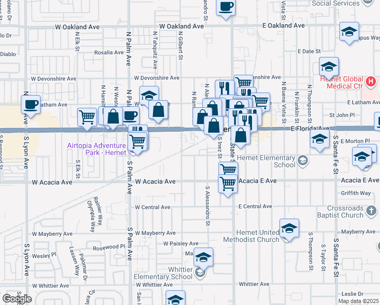 map of restaurants, bars, coffee shops, grocery stores, and more near 210 South Gilbert Street in Hemet