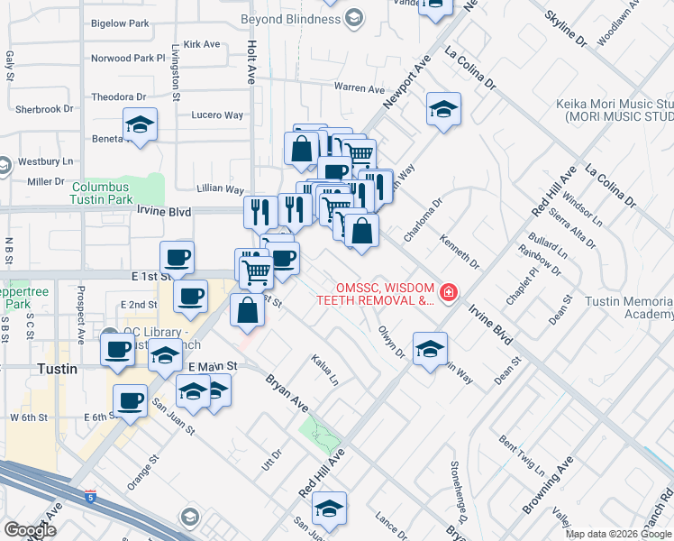 map of restaurants, bars, coffee shops, grocery stores, and more near 1131 Packers Circle in Tustin