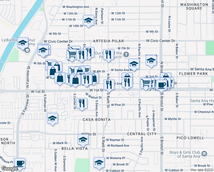 map of restaurants, bars, coffee shops, grocery stores, and more near 1819 West 1st Street in Santa Ana