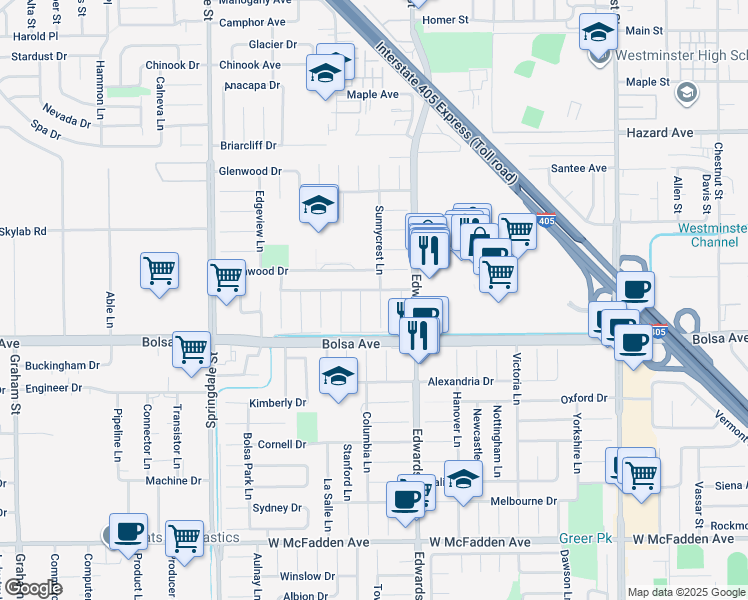 map of restaurants, bars, coffee shops, grocery stores, and more near 14902 Sunnycrest Lane in Huntington Beach
