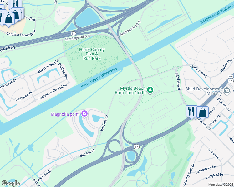 map of restaurants, bars, coffee shops, grocery stores, and more near 17 Bay Dr in Myrtle Beach